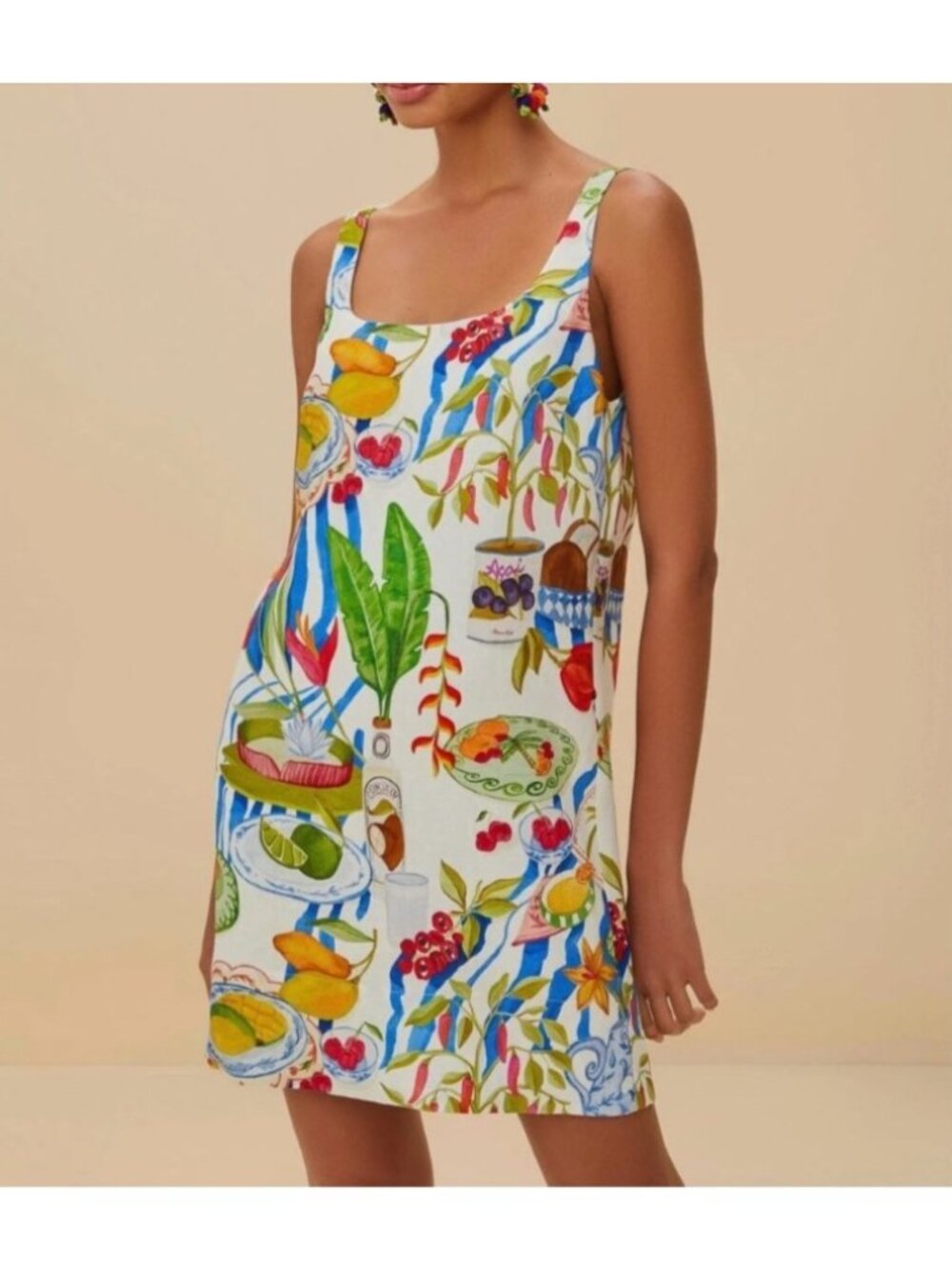 Farm Rio Womens Sz L Fresh Table Linen Mini Dress With Colorful Tropical Print